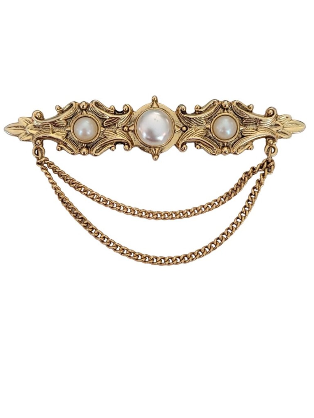 1928 Jewelry Brand Faux Pearl Chatelaine Style Chain Bar Brooch Pin. M729